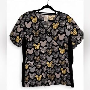 Disney Mickey Mouse Damask Scrub Top - Black/Grey/Yellow - Size Large